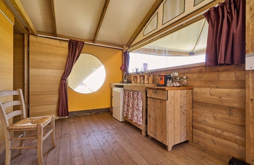Piombino RV Rental | Glamping 'Tenda Glamping Vicino Al Mare' with Terrace, Garden and Wi-Fi