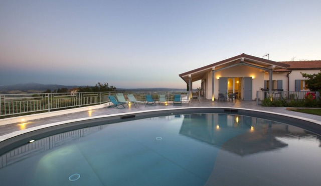 Luxury villa, swimming pool, shaded terraces, panoramic view, sauna fitness room